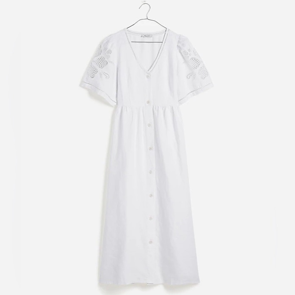 Madewell Cassie Button-Front Midi Dress in Linen In Eyelet White Size XS NWT